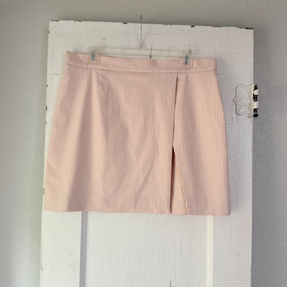 Alex Marie Pink Gingham Faux Wrap Mini Skirt Size 14 Pastel Plaid Slit Lined